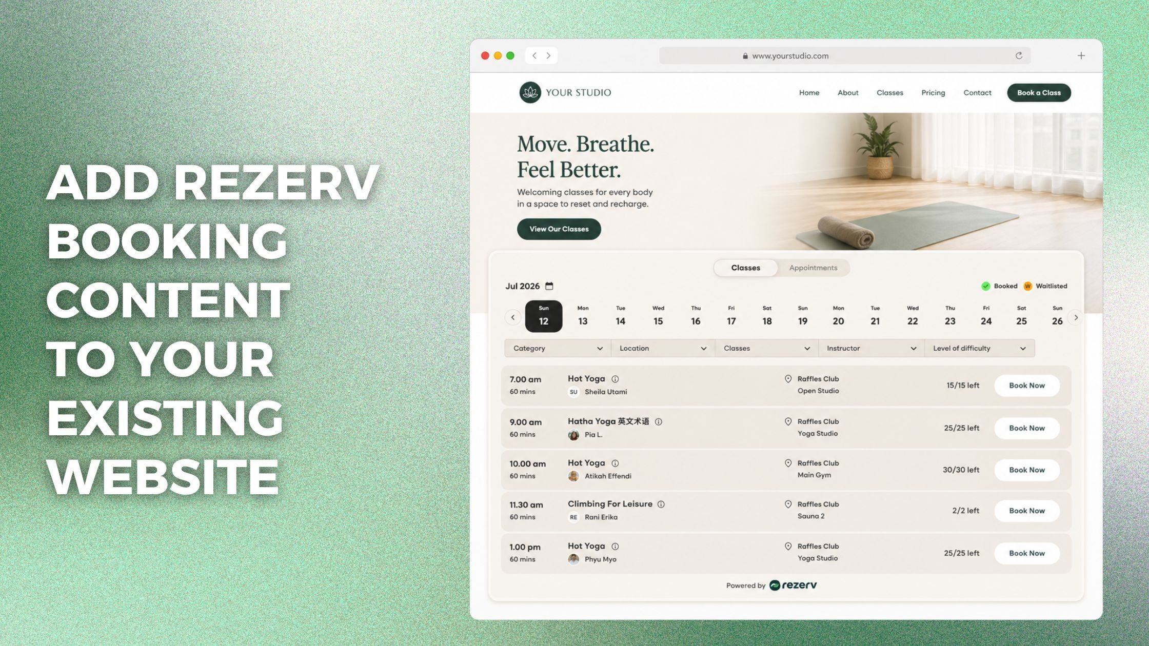 Add Rezerv booking content  to your existing website